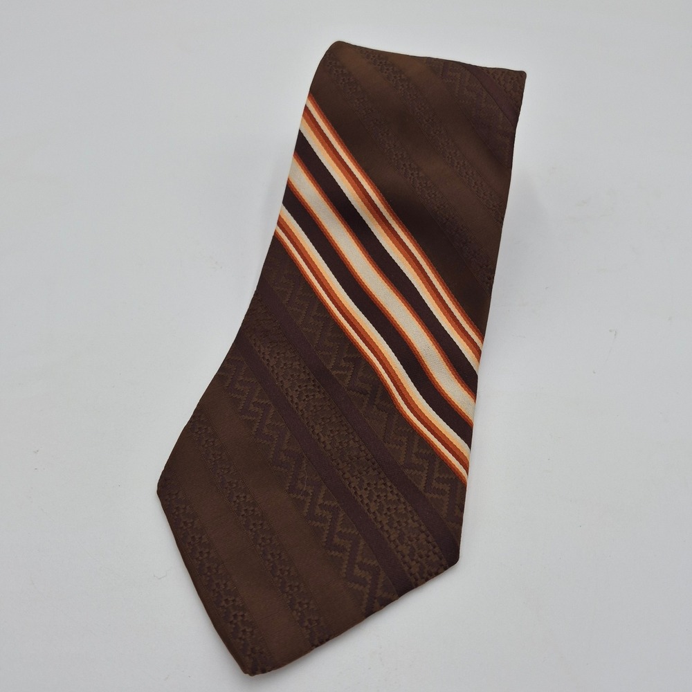 Wembley Wemlon Mens Tie Brown Orange Striped Geometric Vintage Polyester 4 Inch